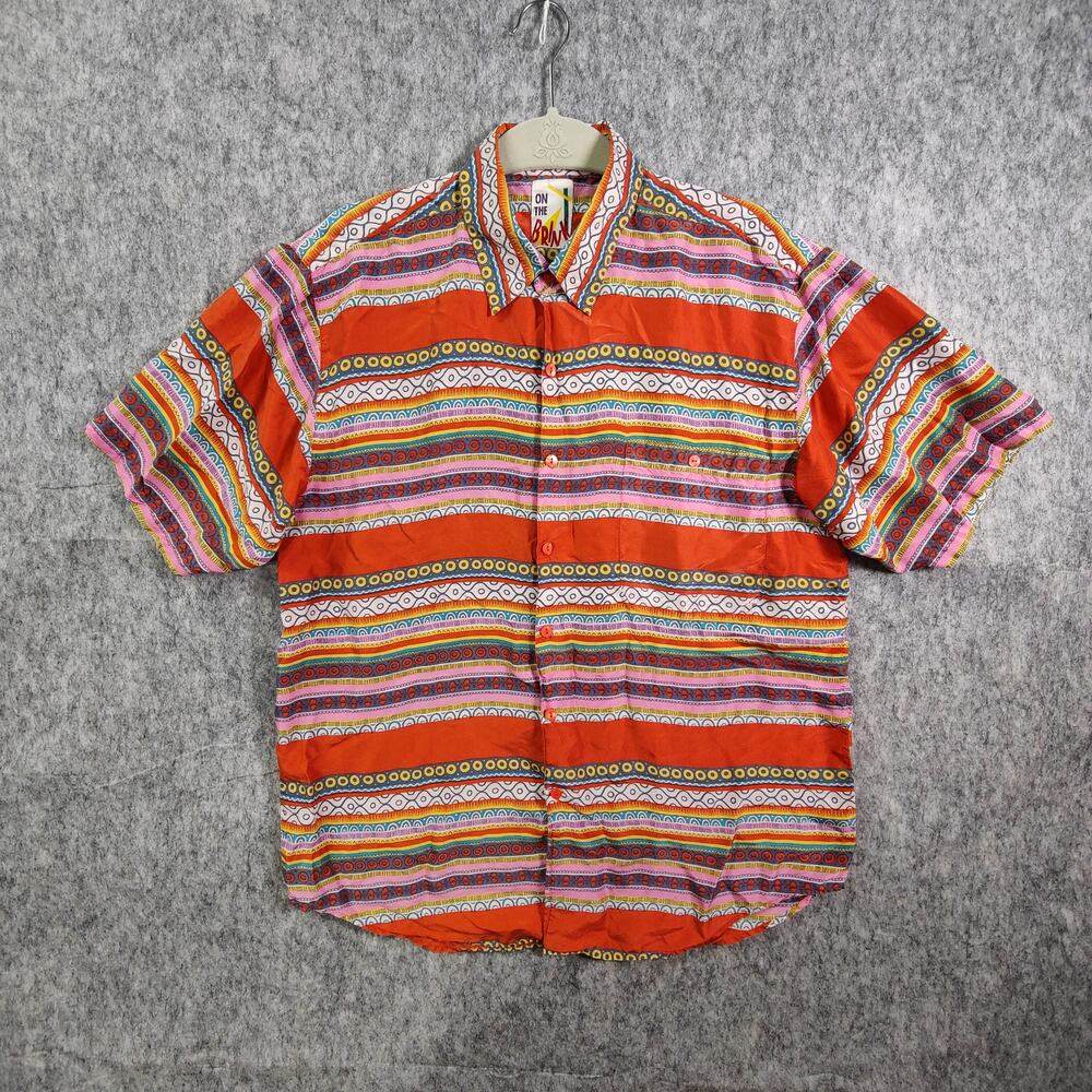 Eclectic 80s Vibrant Geometric Tribal Print on Silk On the Brink Button Up Shirt